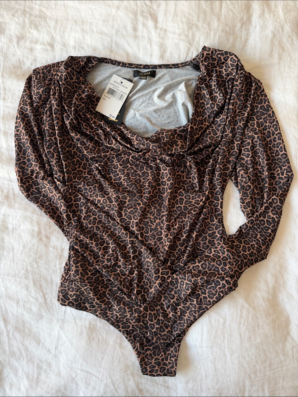 AFRM Brown Leopard Print Long Sleeve Cowl Neck Bodysuit